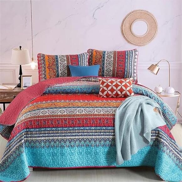 BEDDING Boho Quilt Set Queen Size, Bohemian Stripe 3 Pieces Christmas - Picture 7 of 7